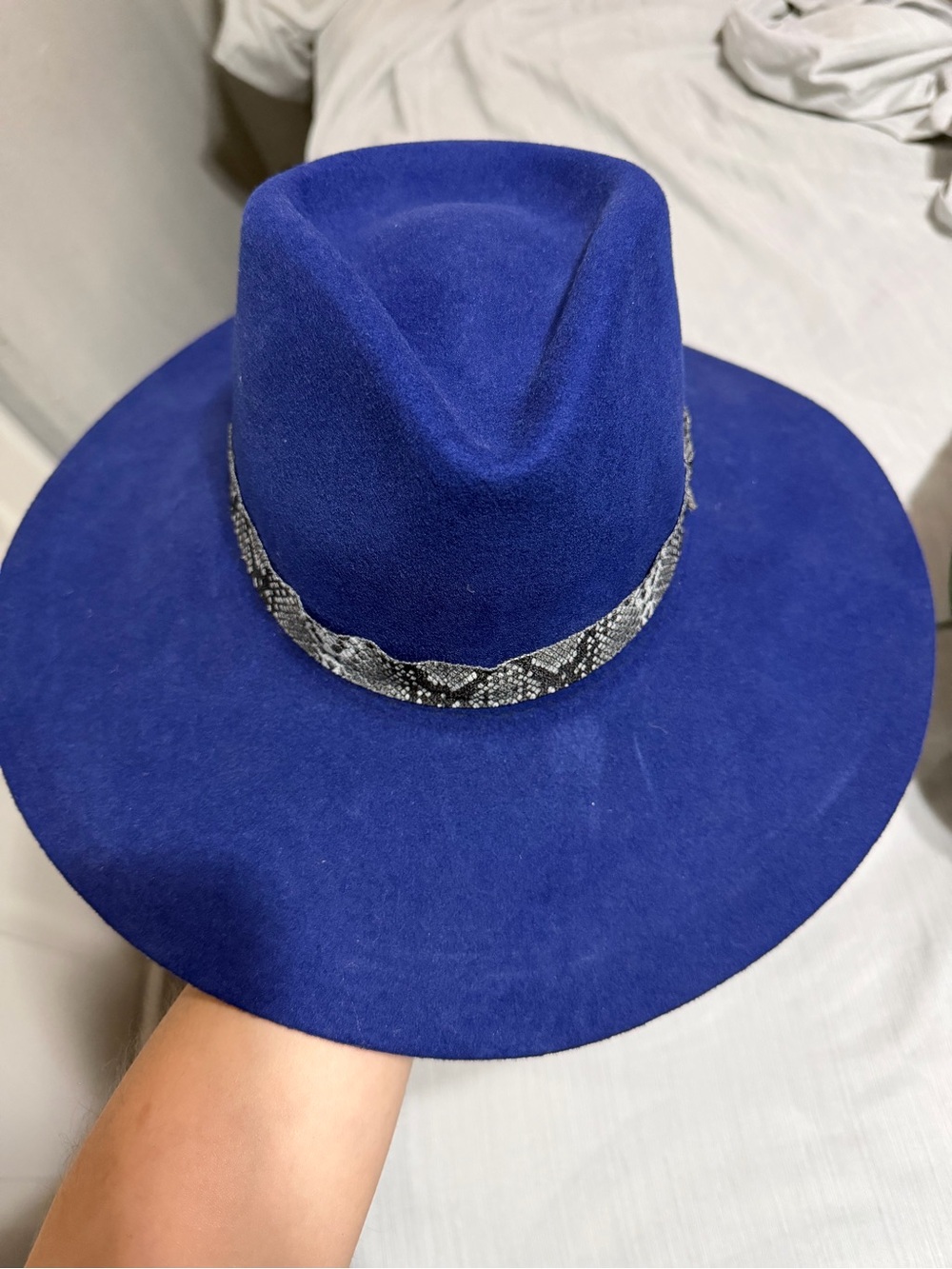 Twister Wide Brim Felt Fedora in Deep Blue with Snake-Print Band
